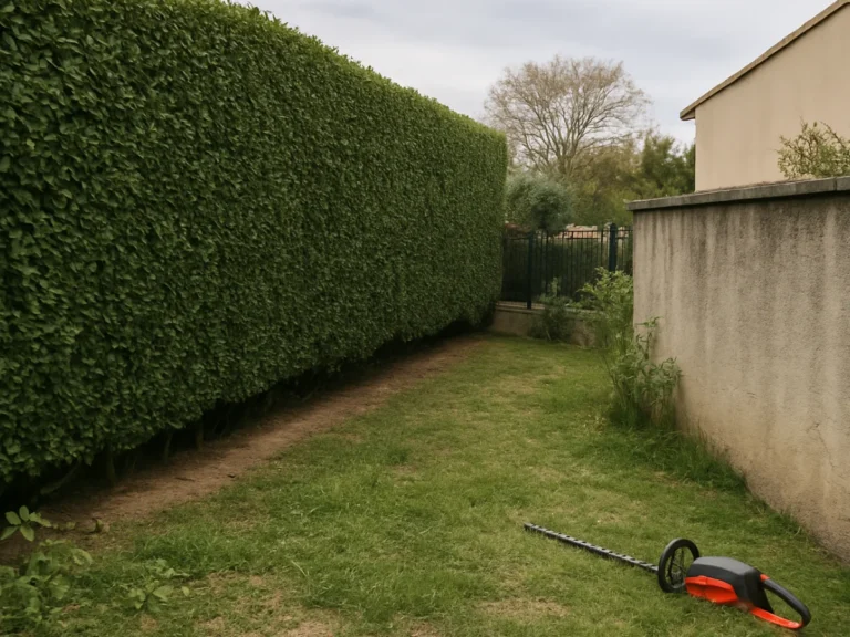 Haie fraîchement taillée en limite de propriété