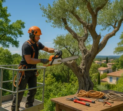 Élagage d’un olivier à Montpellier par un professionnel en nacelle, équipé d’une tronçonneuse et de matériel de sécurité.