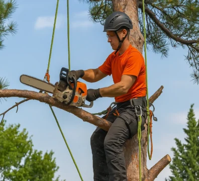 Élagueur grimpeur en action à Montpellier, en train de tailler un arbre en hauteur avec une tronçonneuse, équipé de harnais de sécurité.