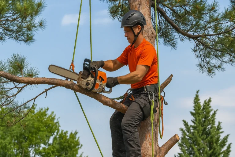 Élagueur grimpeur en action à Montpellier, en train de tailler un arbre en hauteur avec une tronçonneuse, équipé de harnais de sécurité.